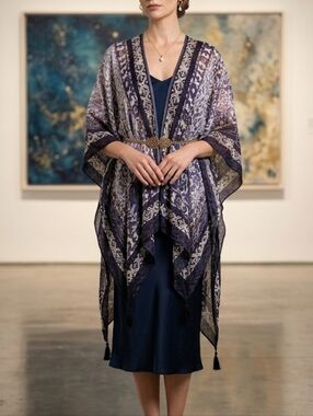 Vince Camuto Navy & White Bohemian Tassel Kimono